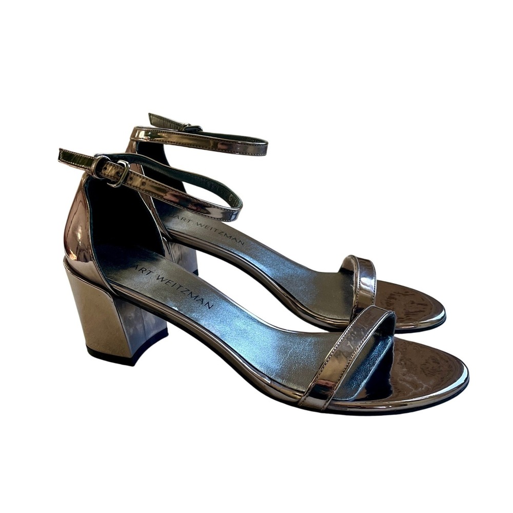 Stuart Weitzman Gunmetal Metallic Patent Leather Block Heel Sandals 8.5N Narrow